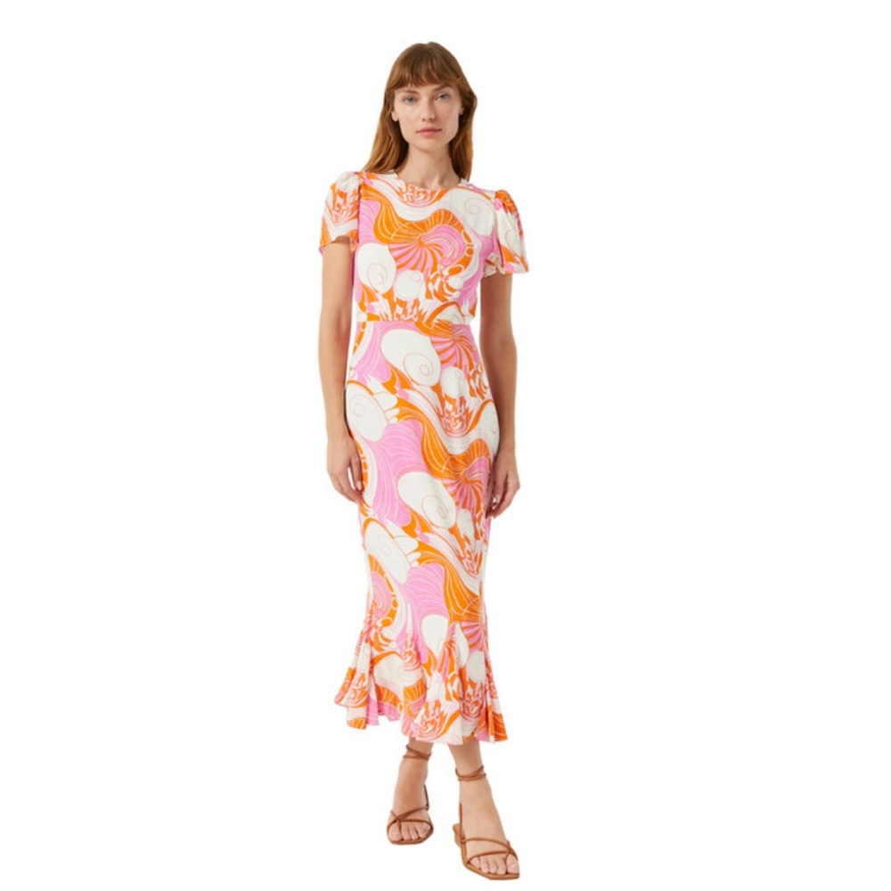 RHODE Women's Lulani Print Puff Sleeve Ruffle Hem Midi Dress, Pink Deco Surf